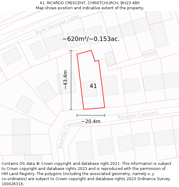 41, RICARDO CRESCENT, CHRISTCHURCH, BH23 4BX: Plot and title map