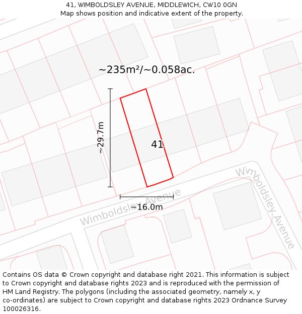 41, WIMBOLDSLEY AVENUE, MIDDLEWICH, CW10 0GN: Plot and title map