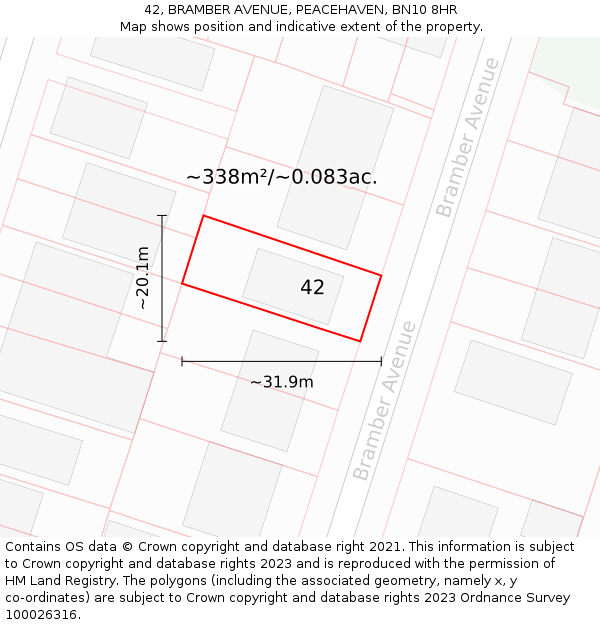 42, BRAMBER AVENUE, PEACEHAVEN, BN10 8HR: Plot and title map