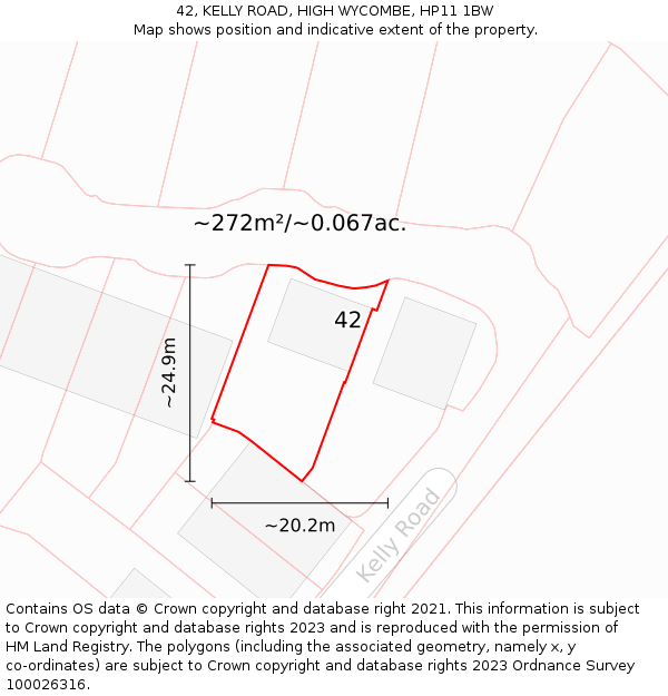 42, KELLY ROAD, HIGH WYCOMBE, HP11 1BW: Plot and title map