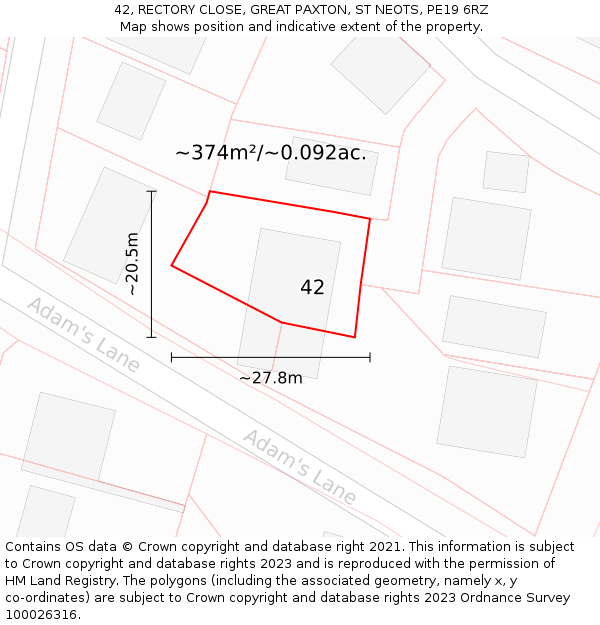 42, RECTORY CLOSE, GREAT PAXTON, ST NEOTS, PE19 6RZ: Plot and title map