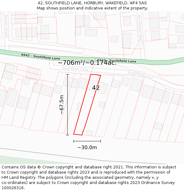 42, SOUTHFIELD LANE, HORBURY, WAKEFIELD, WF4 5AS: Plot and title map