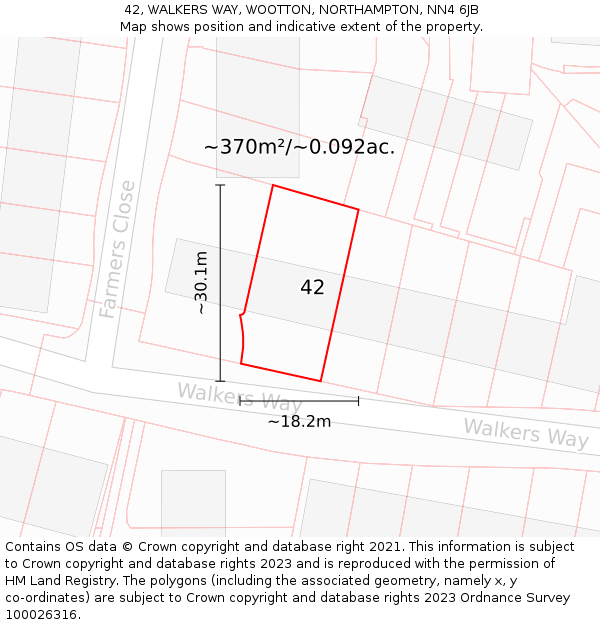 42, WALKERS WAY, WOOTTON, NORTHAMPTON, NN4 6JB: Plot and title map