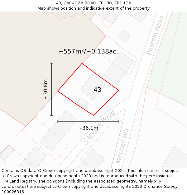 43, CARVOZA ROAD, TRURO, TR1 1BA: Plot and title map