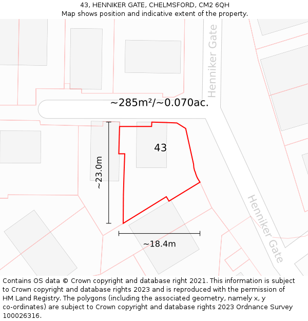 43, HENNIKER GATE, CHELMSFORD, CM2 6QH: Plot and title map