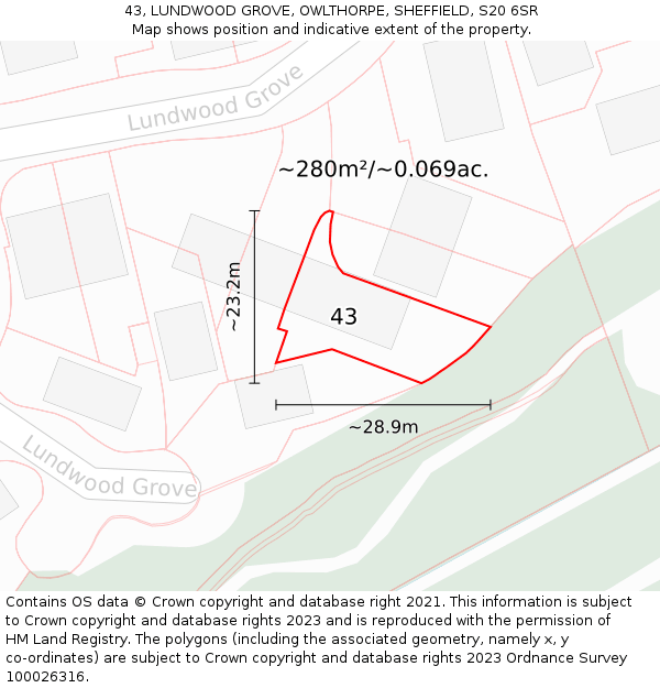 43, LUNDWOOD GROVE, OWLTHORPE, SHEFFIELD, S20 6SR: Plot and title map