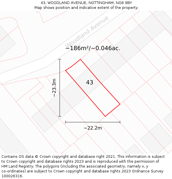 43, WOODLAND AVENUE, NOTTINGHAM, NG6 9BY: Plot and title map