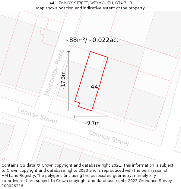 44, LENNOX STREET, WEYMOUTH, DT4 7HB: Plot and title map