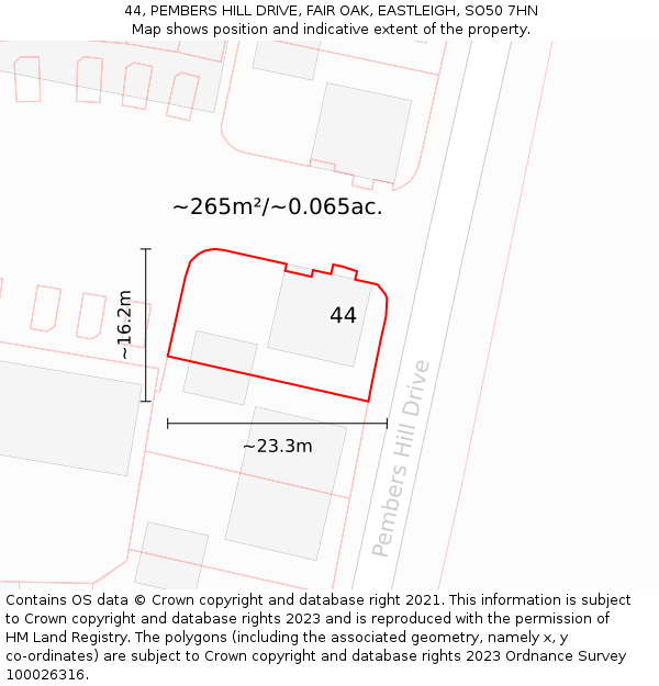 44, PEMBERS HILL DRIVE, FAIR OAK, EASTLEIGH, SO50 7HN: Plot and title map