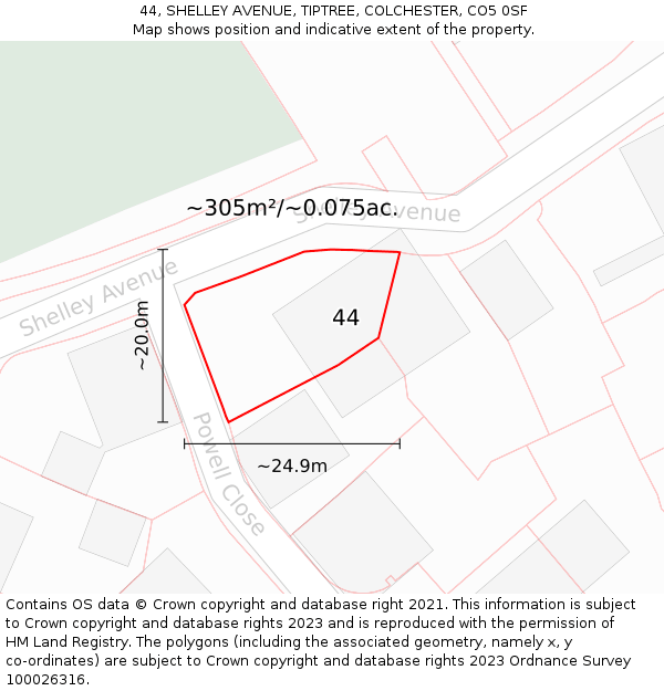 44, SHELLEY AVENUE, TIPTREE, COLCHESTER, CO5 0SF: Plot and title map