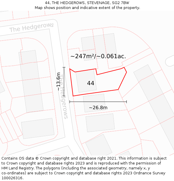 44, THE HEDGEROWS, STEVENAGE, SG2 7BW: Plot and title map