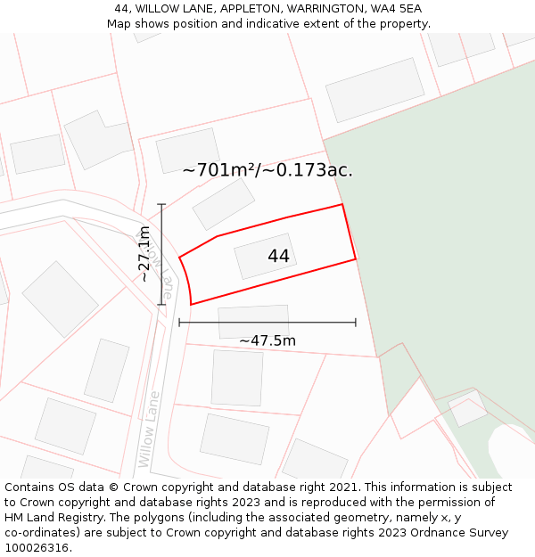 44, WILLOW LANE, APPLETON, WARRINGTON, WA4 5EA: Plot and title map