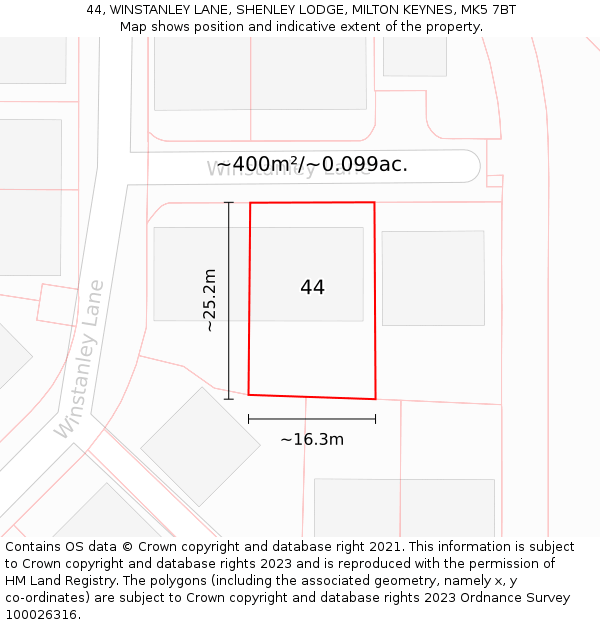 44, WINSTANLEY LANE, SHENLEY LODGE, MILTON KEYNES, MK5 7BT: Plot and title map