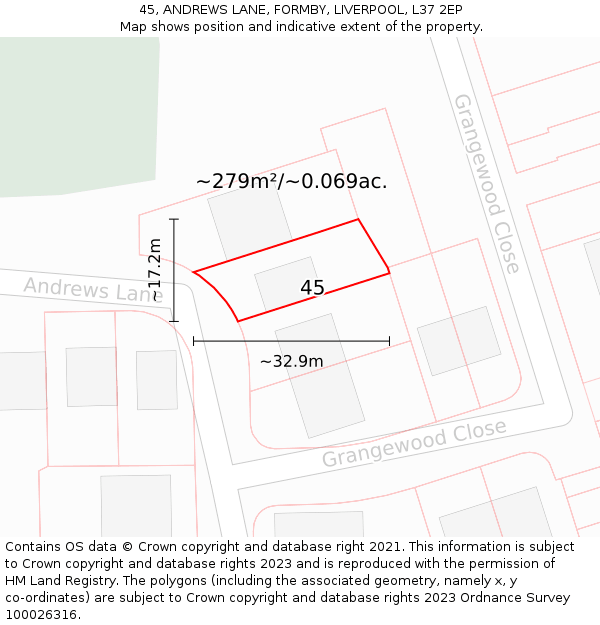 45, ANDREWS LANE, FORMBY, LIVERPOOL, L37 2EP: Plot and title map