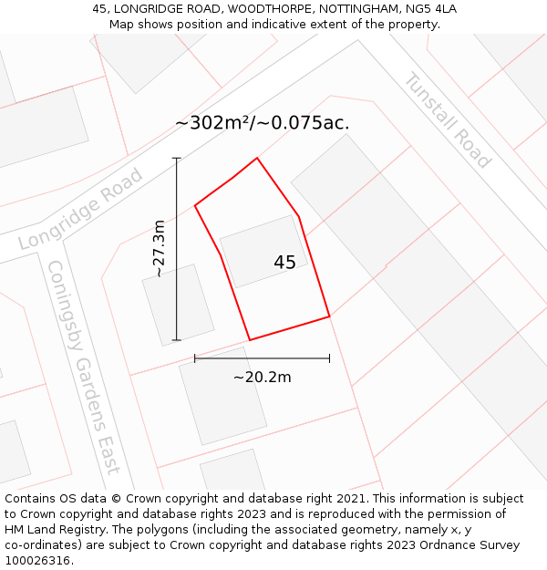 45, LONGRIDGE ROAD, WOODTHORPE, NOTTINGHAM, NG5 4LA: Plot and title map