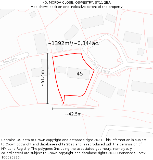 45, MORDA CLOSE, OSWESTRY, SY11 2BA: Plot and title map