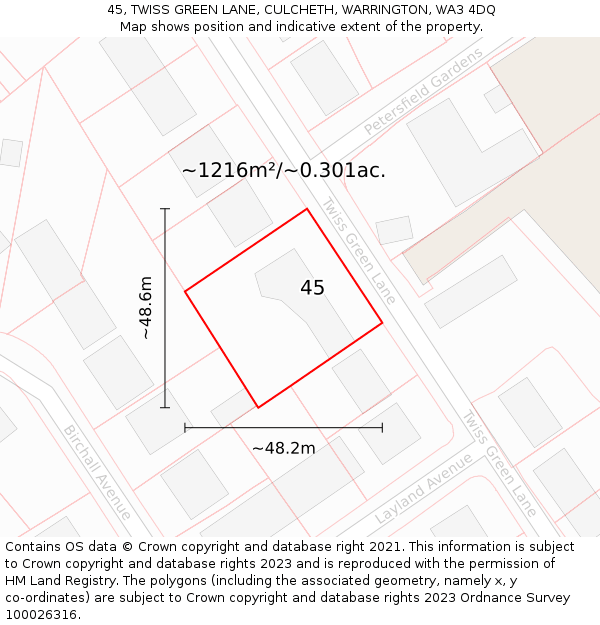 45, TWISS GREEN LANE, CULCHETH, WARRINGTON, WA3 4DQ: Plot and title map