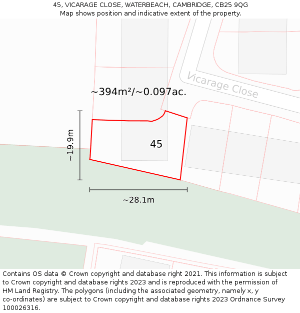 45, VICARAGE CLOSE, WATERBEACH, CAMBRIDGE, CB25 9QG: Plot and title map