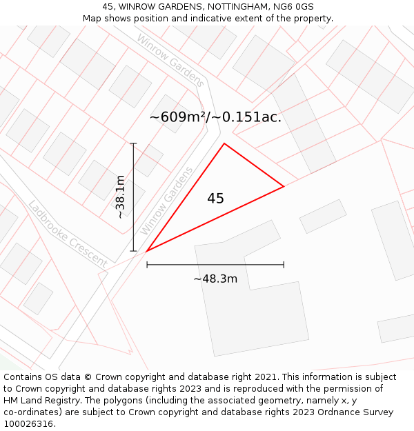 45, WINROW GARDENS, NOTTINGHAM, NG6 0GS: Plot and title map