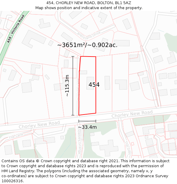 454, CHORLEY NEW ROAD, BOLTON, BL1 5AZ: Plot and title map