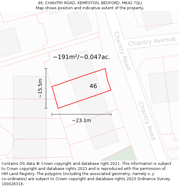 46, CHANTRY ROAD, KEMPSTON, BEDFORD, MK42 7QU: Plot and title map