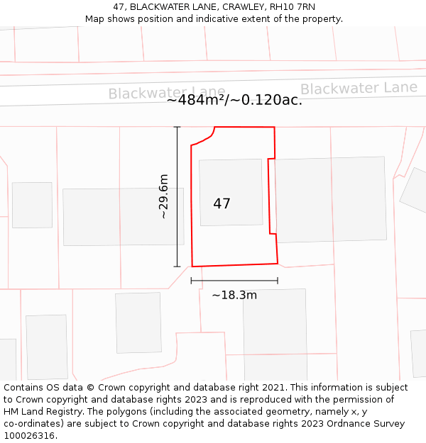 47, BLACKWATER LANE, CRAWLEY, RH10 7RN: Plot and title map