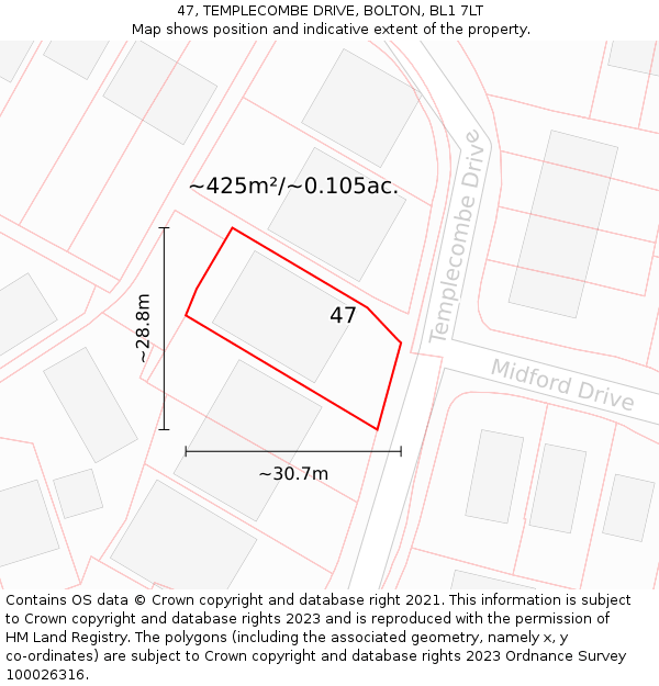 47, TEMPLECOMBE DRIVE, BOLTON, BL1 7LT: Plot and title map