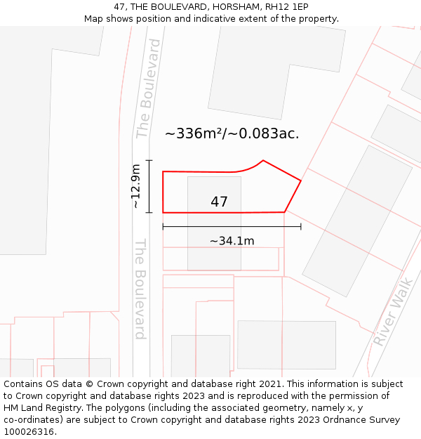 47, THE BOULEVARD, HORSHAM, RH12 1EP: Plot and title map