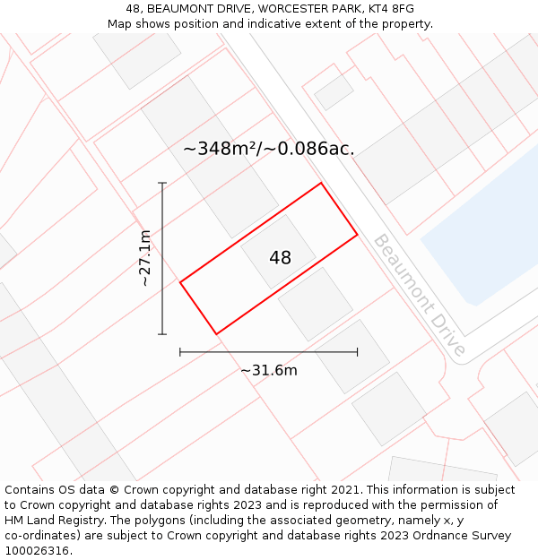 48, BEAUMONT DRIVE, WORCESTER PARK, KT4 8FG: Plot and title map