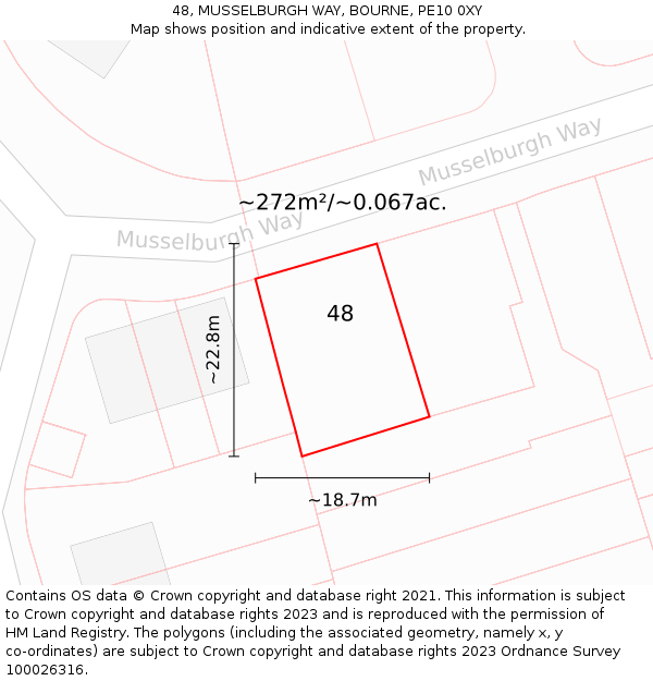 48, MUSSELBURGH WAY, BOURNE, PE10 0XY: Plot and title map