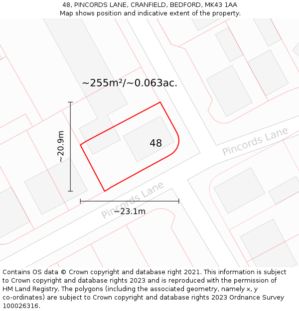 48, PINCORDS LANE, CRANFIELD, BEDFORD, MK43 1AA: Plot and title map