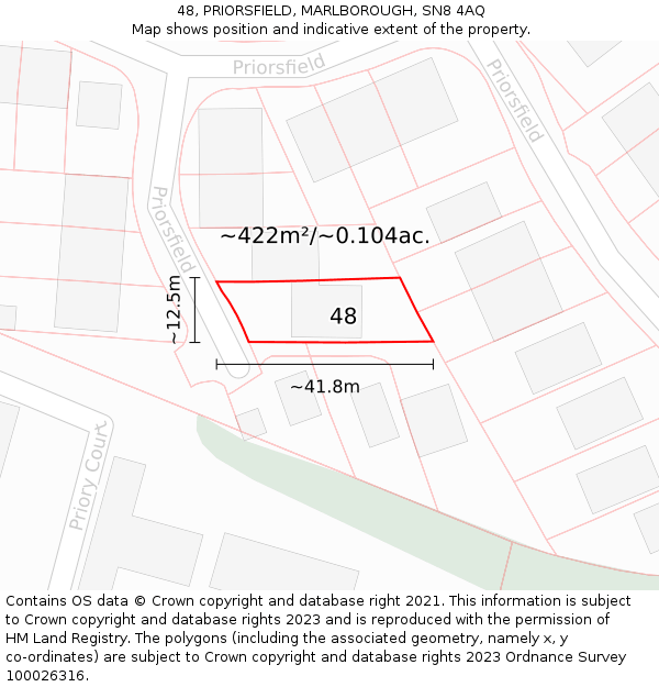 48, PRIORSFIELD, MARLBOROUGH, SN8 4AQ: Plot and title map