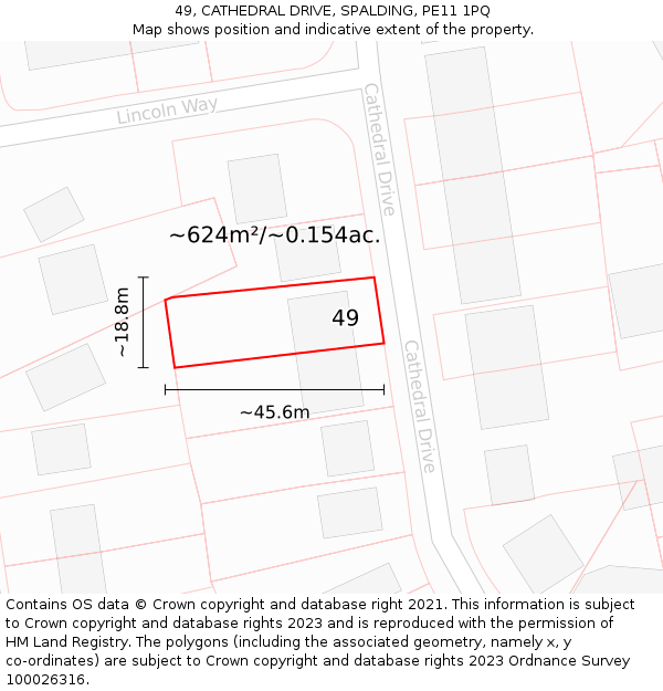 49, CATHEDRAL DRIVE, SPALDING, PE11 1PQ: Plot and title map