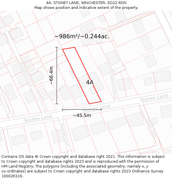 4A, STONEY LANE, WINCHESTER, SO22 6DN: Plot and title map