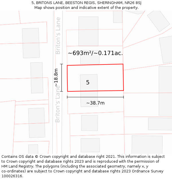 5, BRITONS LANE, BEESTON REGIS, SHERINGHAM, NR26 8SJ: Plot and title map