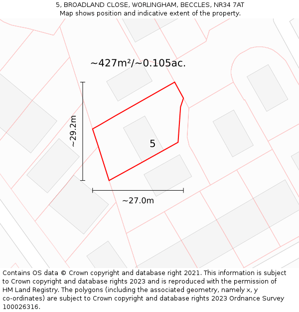 5, BROADLAND CLOSE, WORLINGHAM, BECCLES, NR34 7AT: Plot and title map