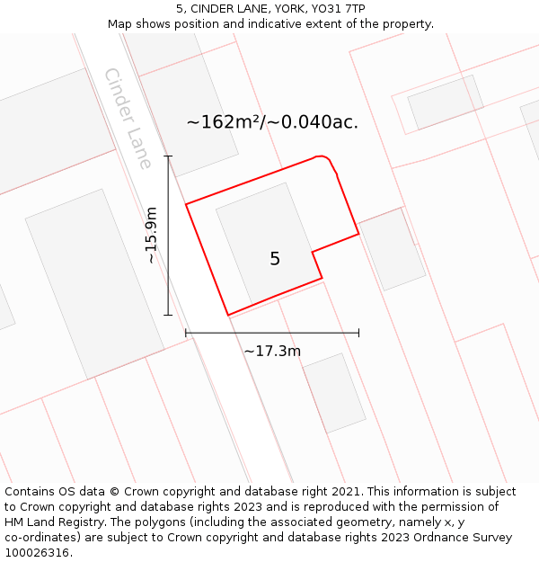 5, CINDER LANE, YORK, YO31 7TP: Plot and title map