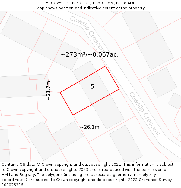 5, COWSLIP CRESCENT, THATCHAM, RG18 4DE: Plot and title map