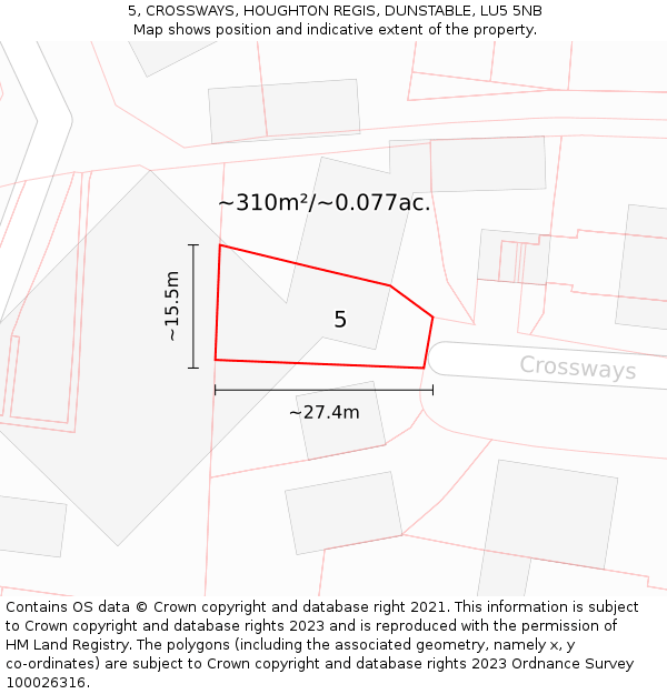 5, CROSSWAYS, HOUGHTON REGIS, DUNSTABLE, LU5 5NB: Plot and title map