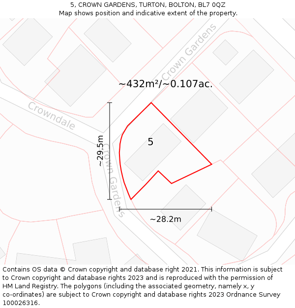 5, CROWN GARDENS, TURTON, BOLTON, BL7 0QZ: Plot and title map