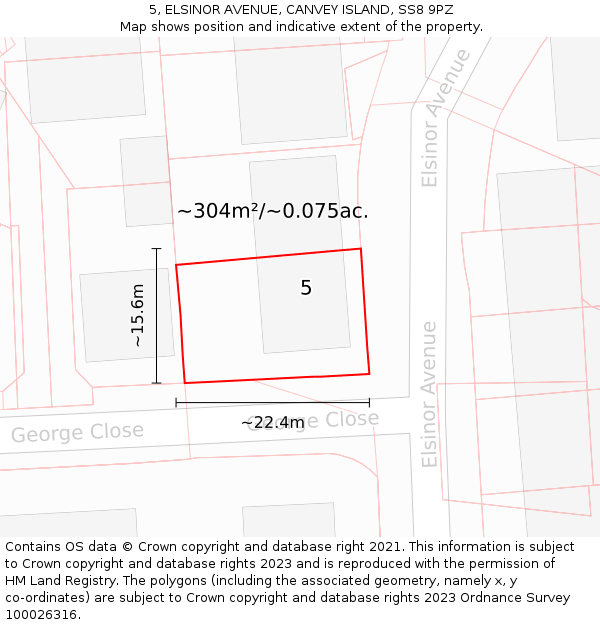 5, ELSINOR AVENUE, CANVEY ISLAND, SS8 9PZ: Plot and title map