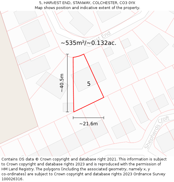 5, HARVEST END, STANWAY, COLCHESTER, CO3 0YX: Plot and title map