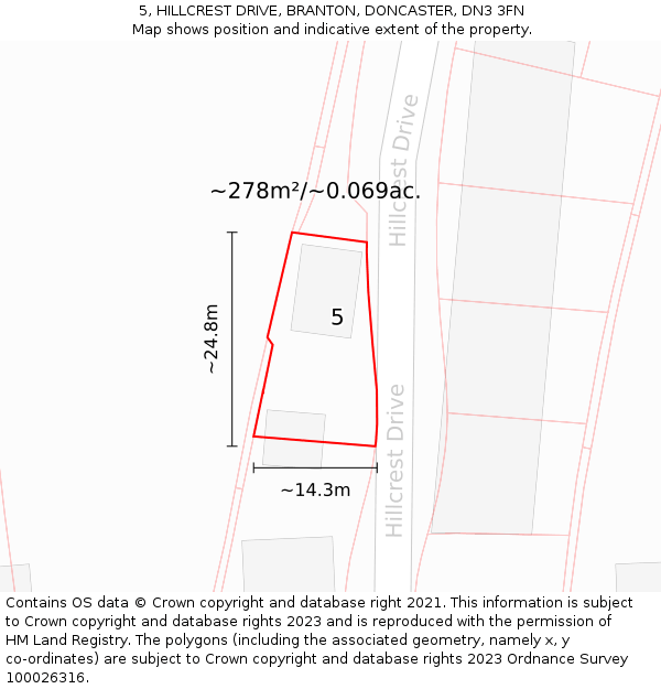 5, HILLCREST DRIVE, BRANTON, DONCASTER, DN3 3FN: Plot and title map