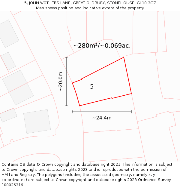 5, JOHN WOTHERS LANE, GREAT OLDBURY, STONEHOUSE, GL10 3GZ: Plot and title map