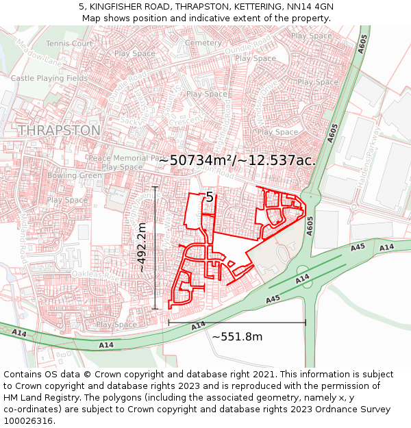 5, KINGFISHER ROAD, THRAPSTON, KETTERING, NN14 4GN: Plot and title map