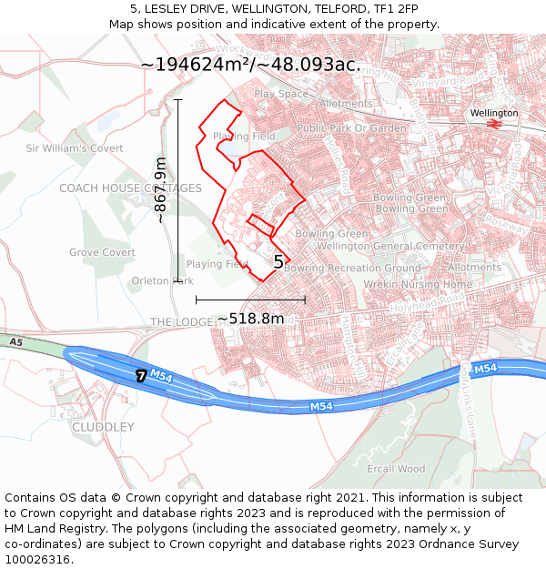 5, LESLEY DRIVE, WELLINGTON, TELFORD, TF1 2FP: Plot and title map