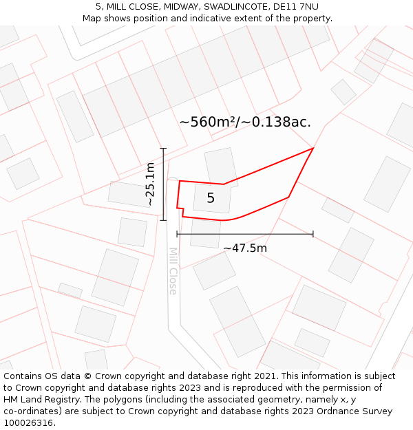 5, MILL CLOSE, MIDWAY, SWADLINCOTE, DE11 7NU: Plot and title map