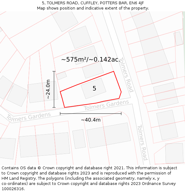 5, TOLMERS ROAD, CUFFLEY, POTTERS BAR, EN6 4JF: Plot and title map