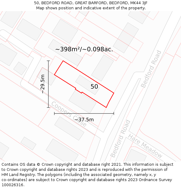 50, BEDFORD ROAD, GREAT BARFORD, BEDFORD, MK44 3JF: Plot and title map