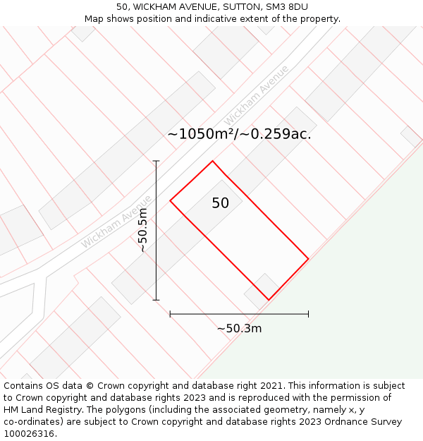 50, WICKHAM AVENUE, SUTTON, SM3 8DU: Plot and title map